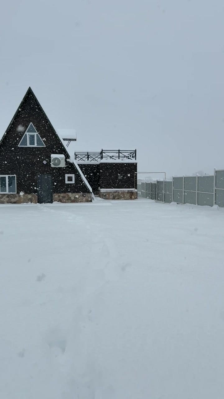 The dark triangular house in its snow-covered grounds as snow falls